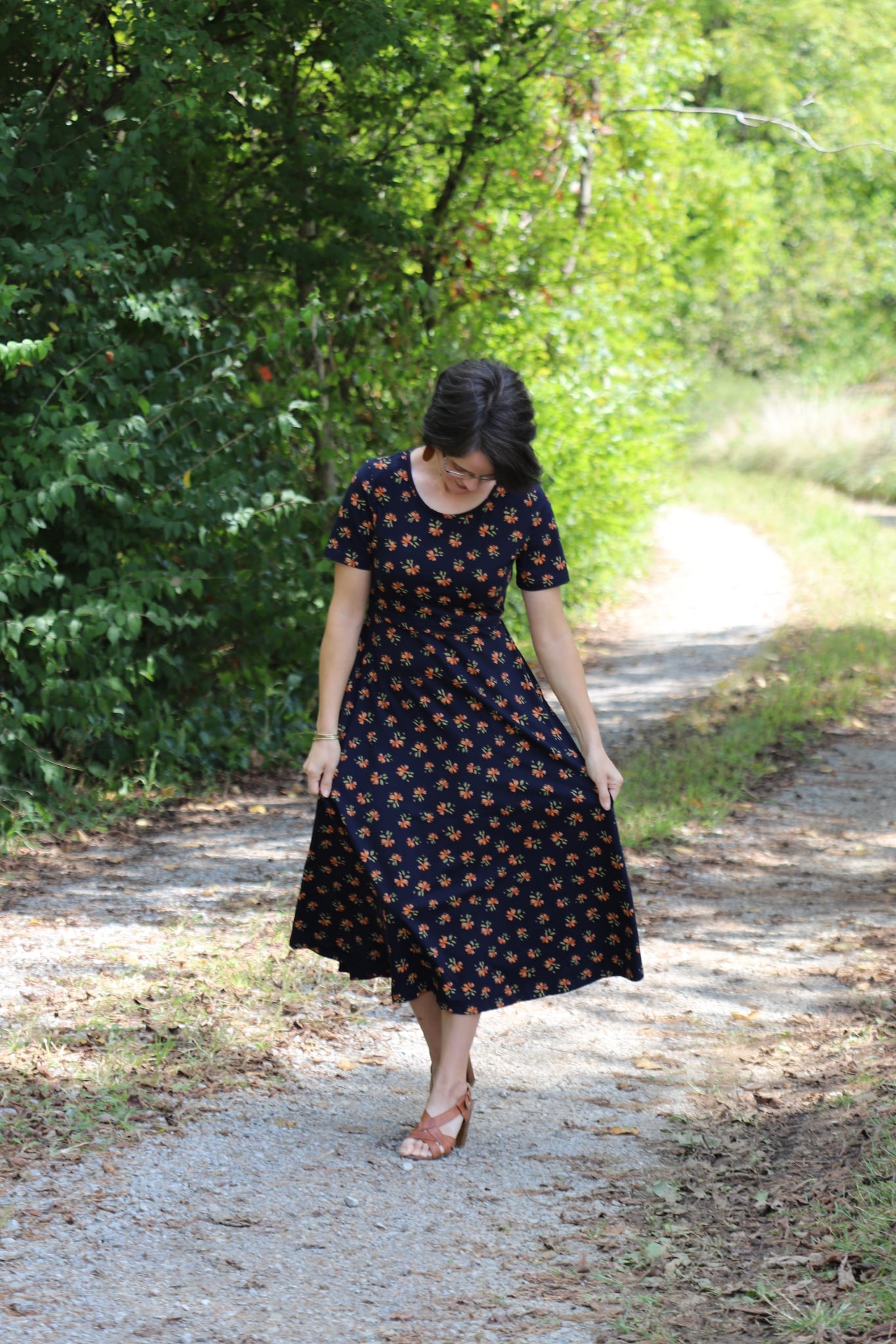 Cotton "Orange Blossom"  Nursing Friendly Dress in Navy