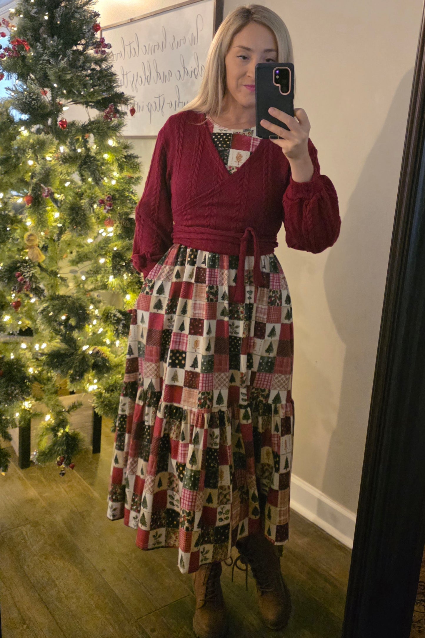 Holiday Patchwork Cotton Tiered Midi Dress