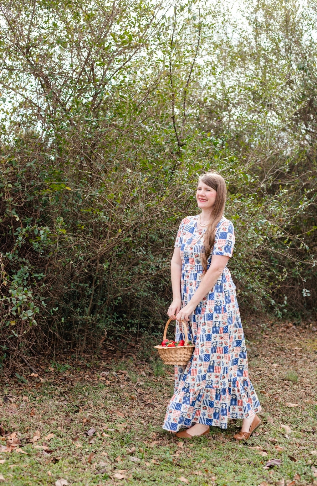 Patriotic Patchwork Prairie Style Cotton Maxi Dress with Natural Waist Bodice Nursing Friendly