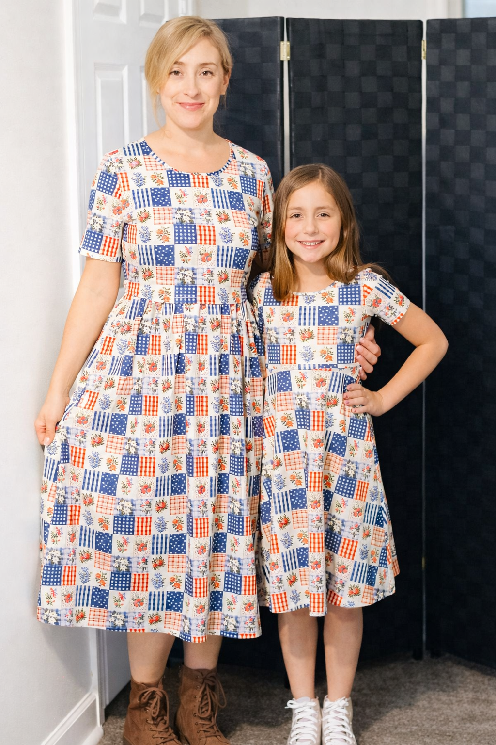 Patriotic Patchwork Prairie Style Nursing-Friendly Cotton Midi Dress with Natural Waist Bodice Nursing Friendly