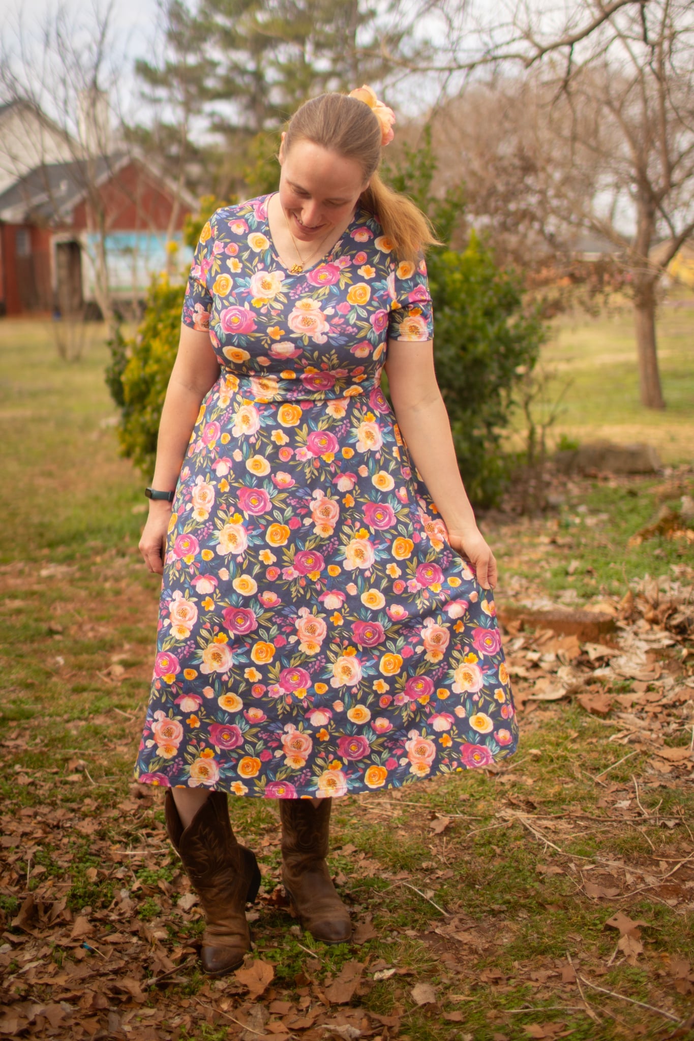Jeweled Blooms Cotton V-Neck Twirl Dress
