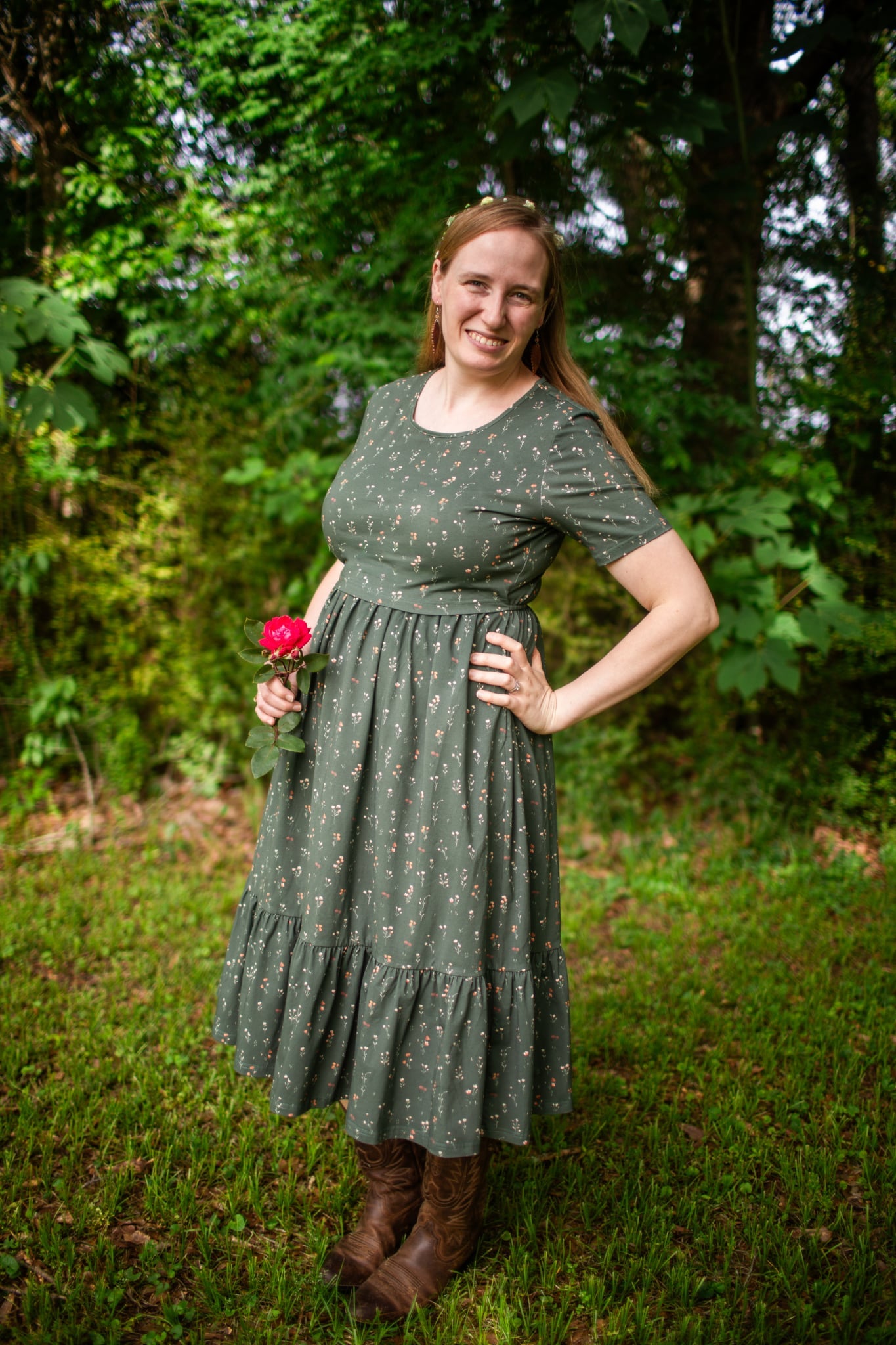 Forest Blooms Cotton Tiered Midi Dress with Natural Waist Bodice