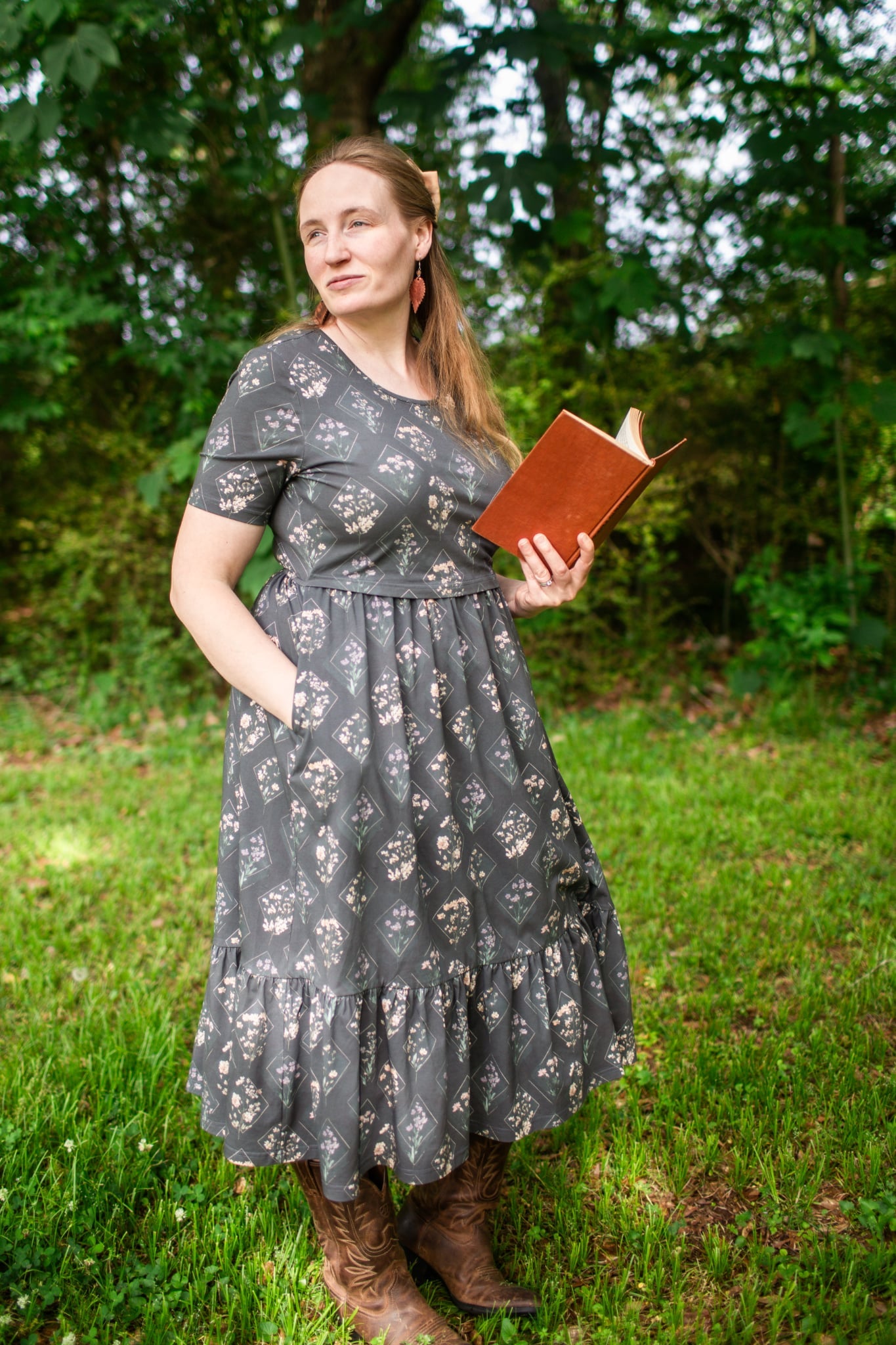 Moonlit Meadow Cotton Midi Dress with Natural Waist Bodice