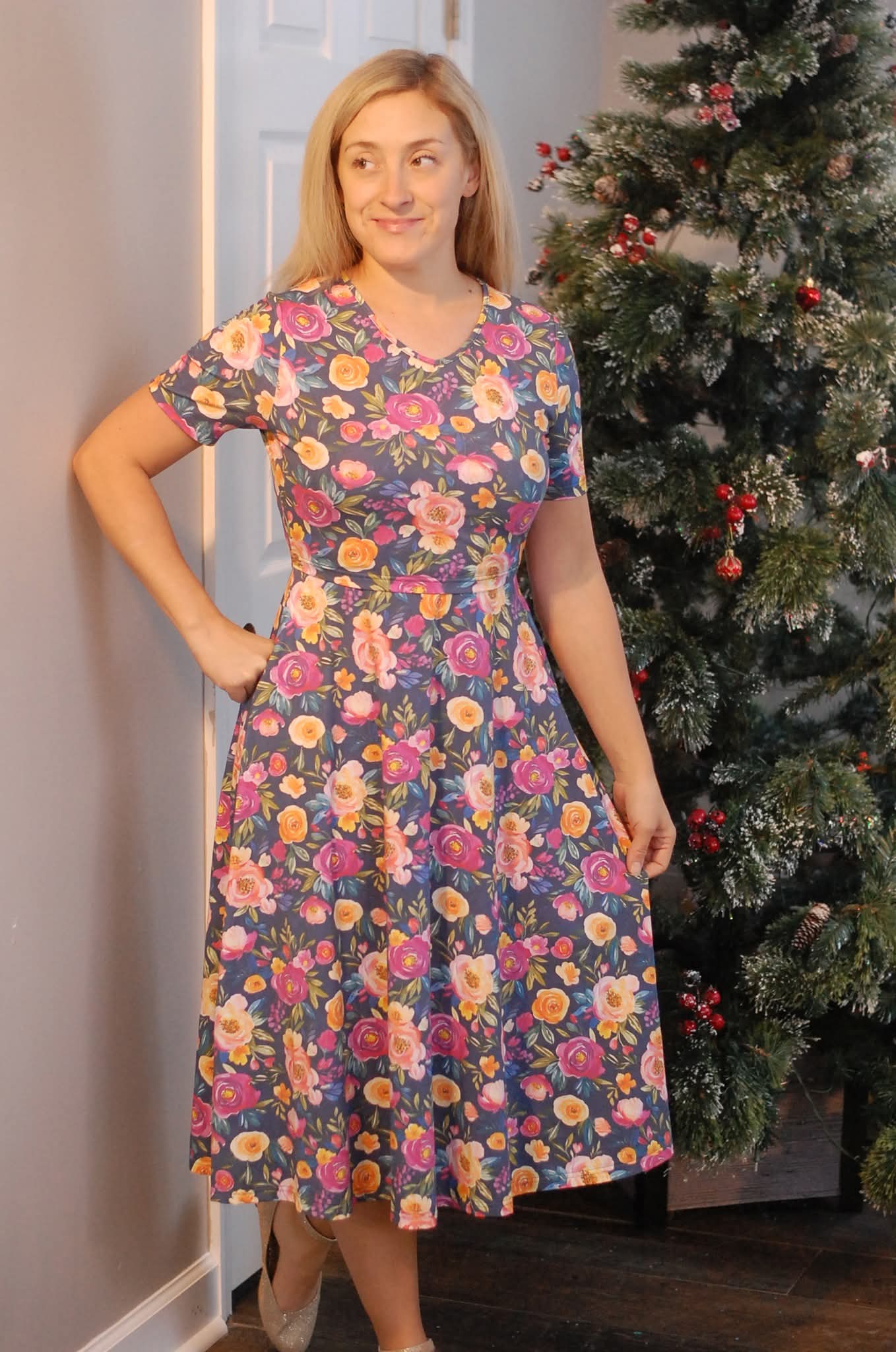 Pre-Order Jeweled Blooms Cotton V-Neck Twirl Dress