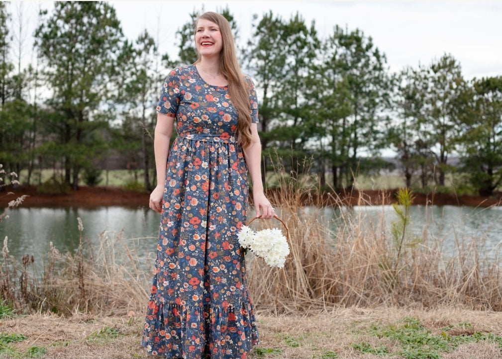 Antique Floral Prairie Style Cotton Maxi Dress with Natural Waist Bodice Nursing Friendly
