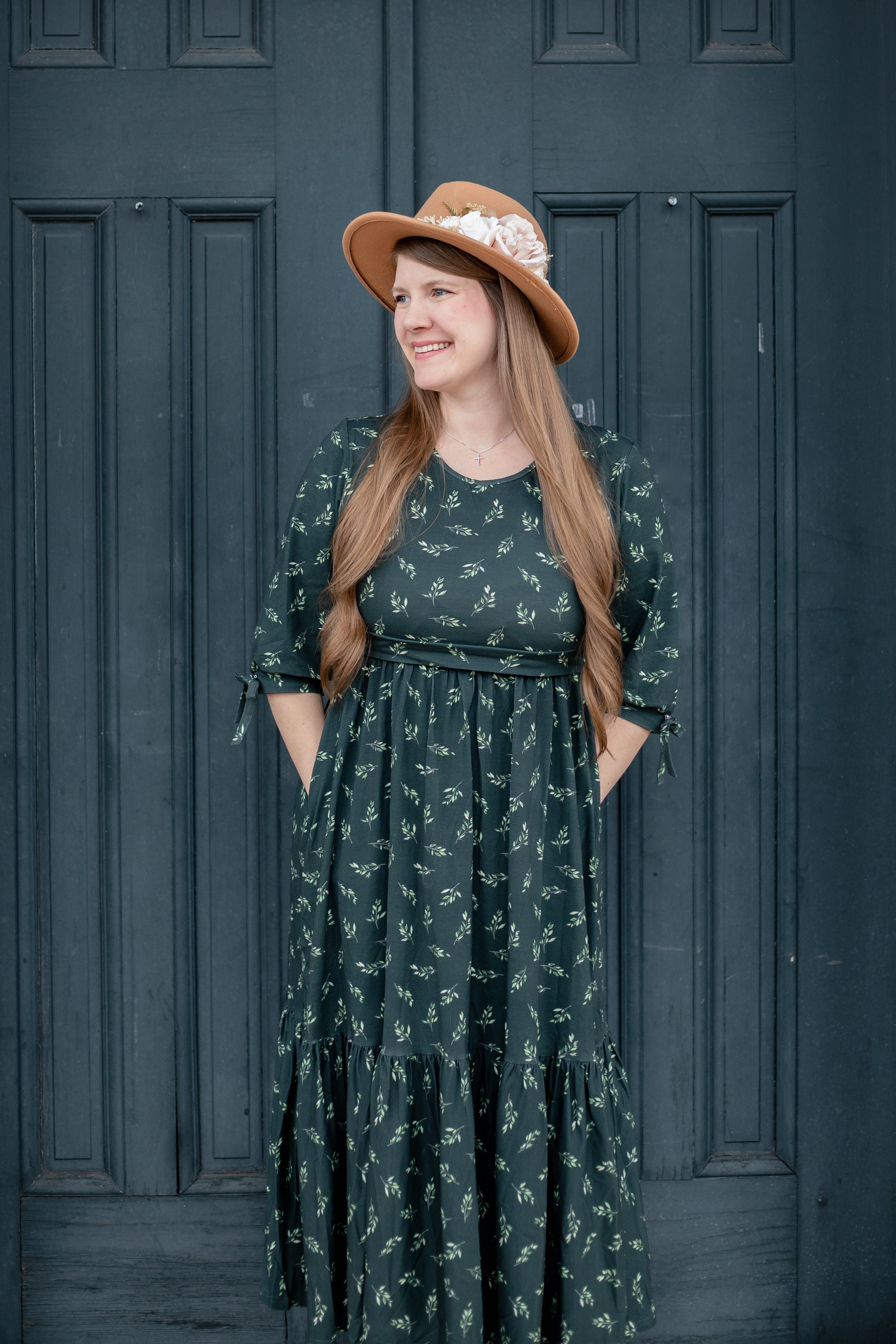 Olive Branch Nursing Friendly Cotton Tiered Midi Dress in Dark Green