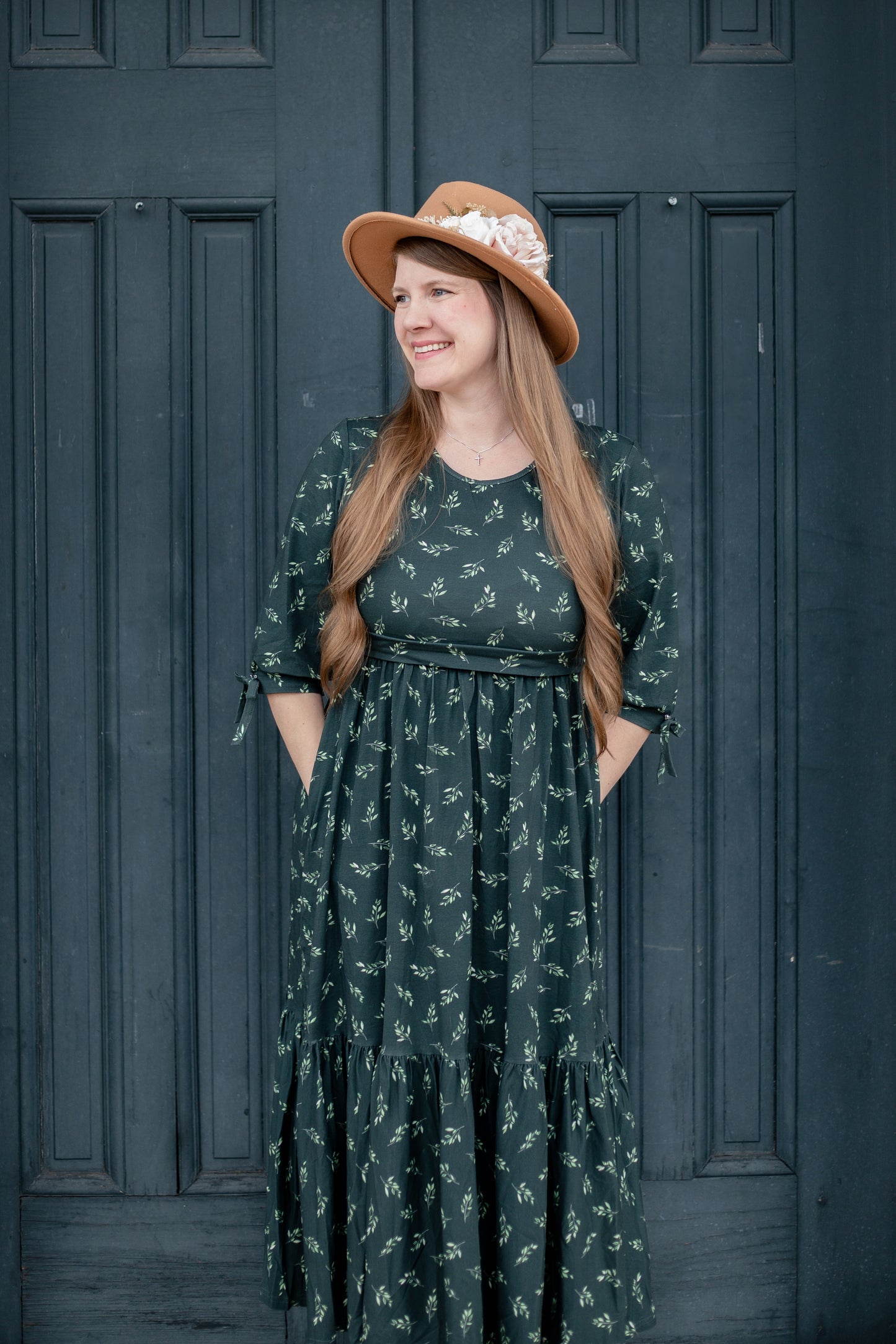 Olive Branch Nursing Friendly Cotton Tiered Midi Dress in Dark Green