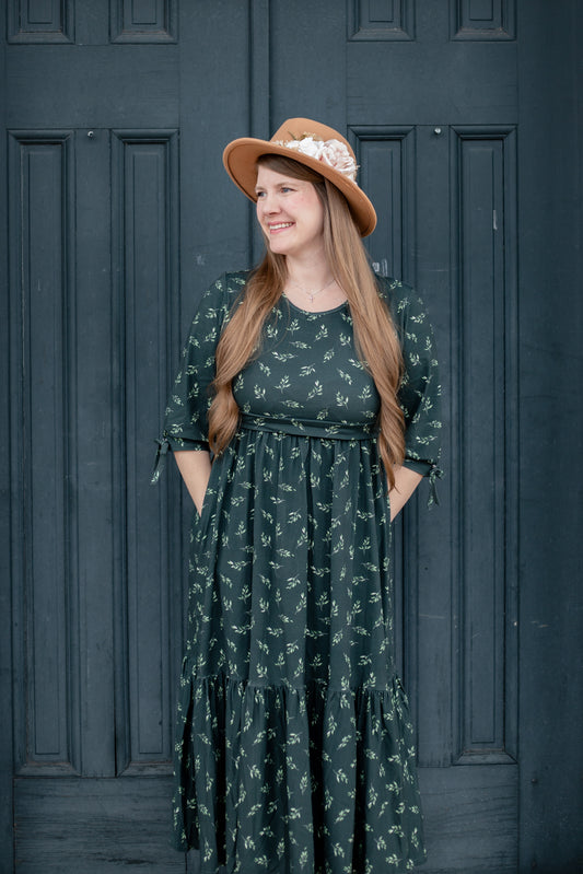 Olive Branch Nursing Friendly Cotton Tiered Midi Dress in Dark Green