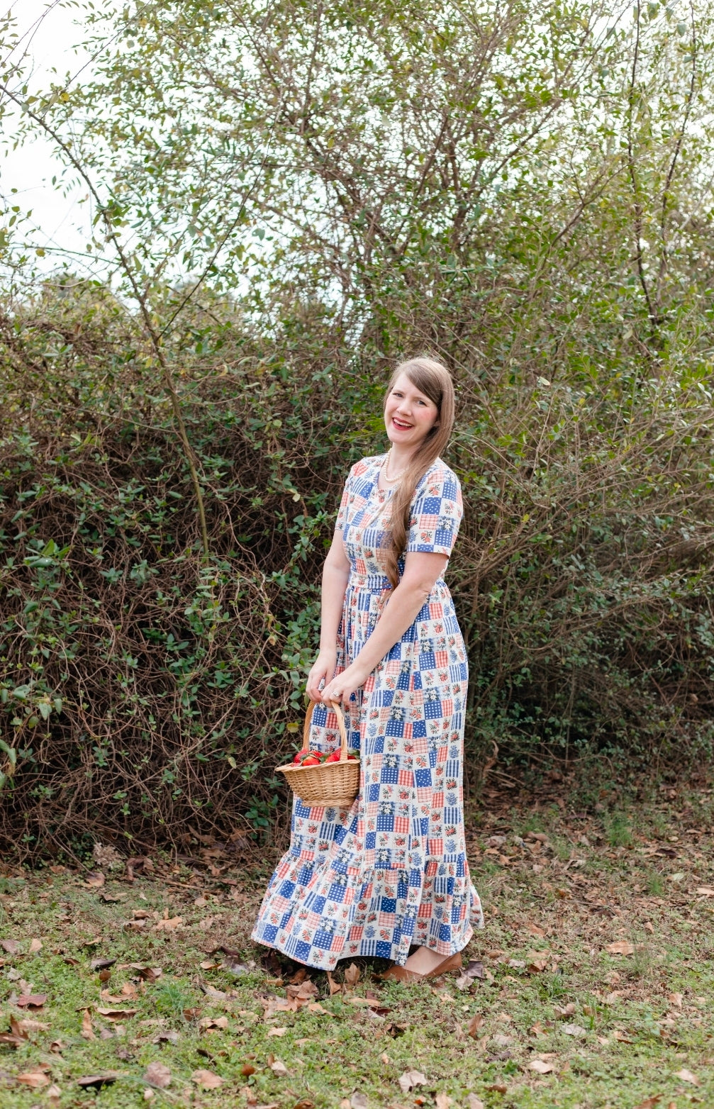 Patriotic Patchwork Prairie Style Cotton Maxi Dress with Natural Waist Bodice Nursing Friendly