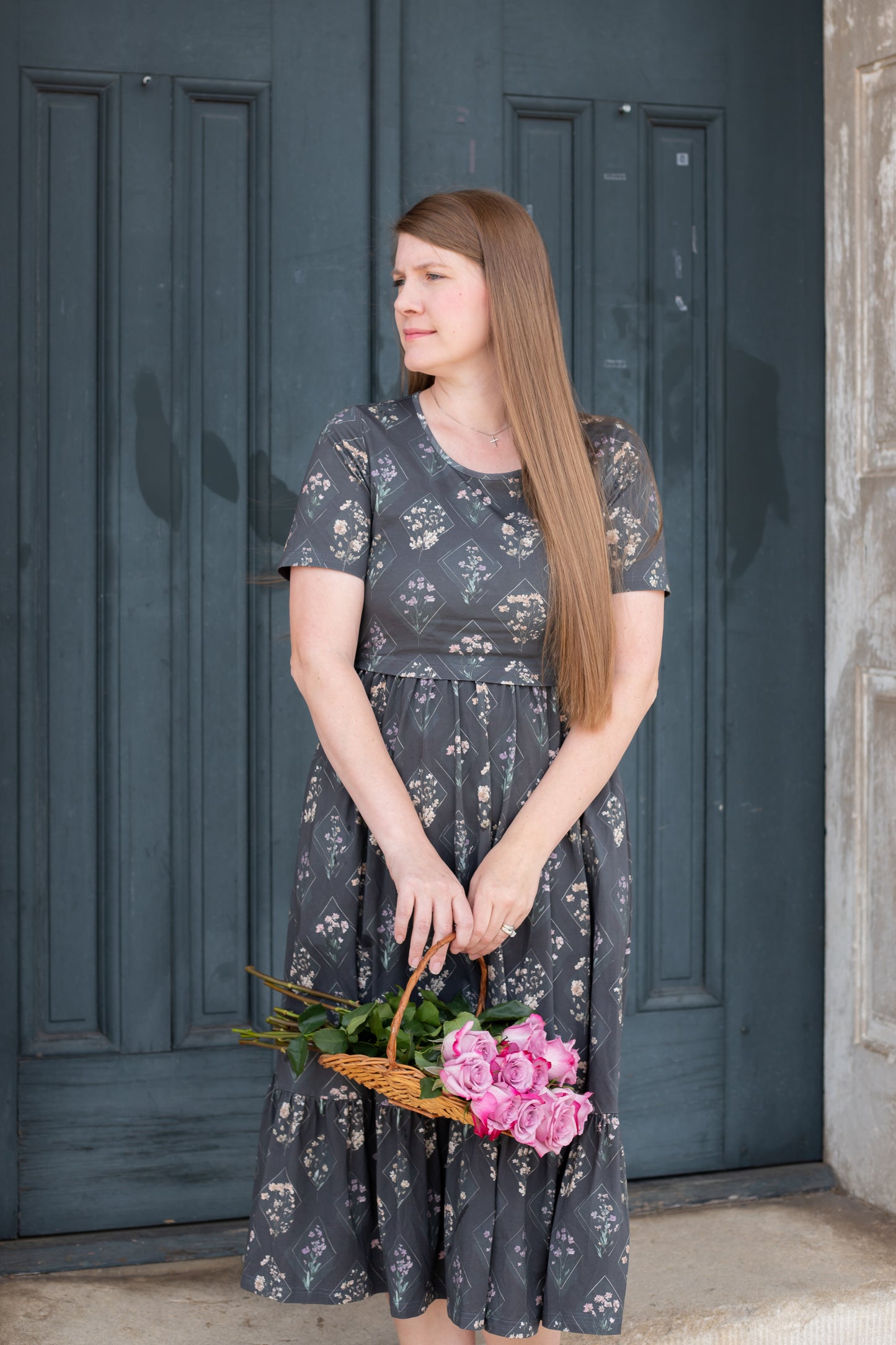 Moonlit Meadow Cotton Midi Dress with Natural Waist Bodice