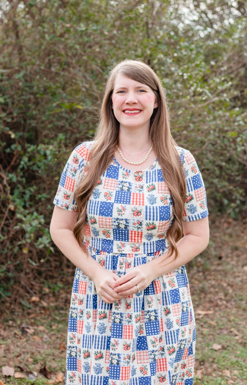 Patriotic Patchwork Prairie Style Cotton Maxi Dress with Natural Waist Bodice Nursing Friendly