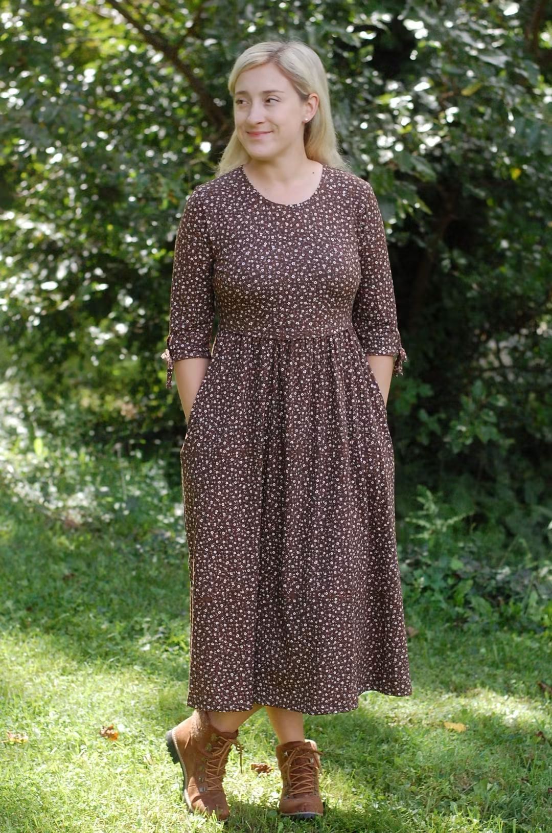 Pre-order Autumn Daisies Cotton Everyday Midi Dress with 3/4 Bow Sleeves
