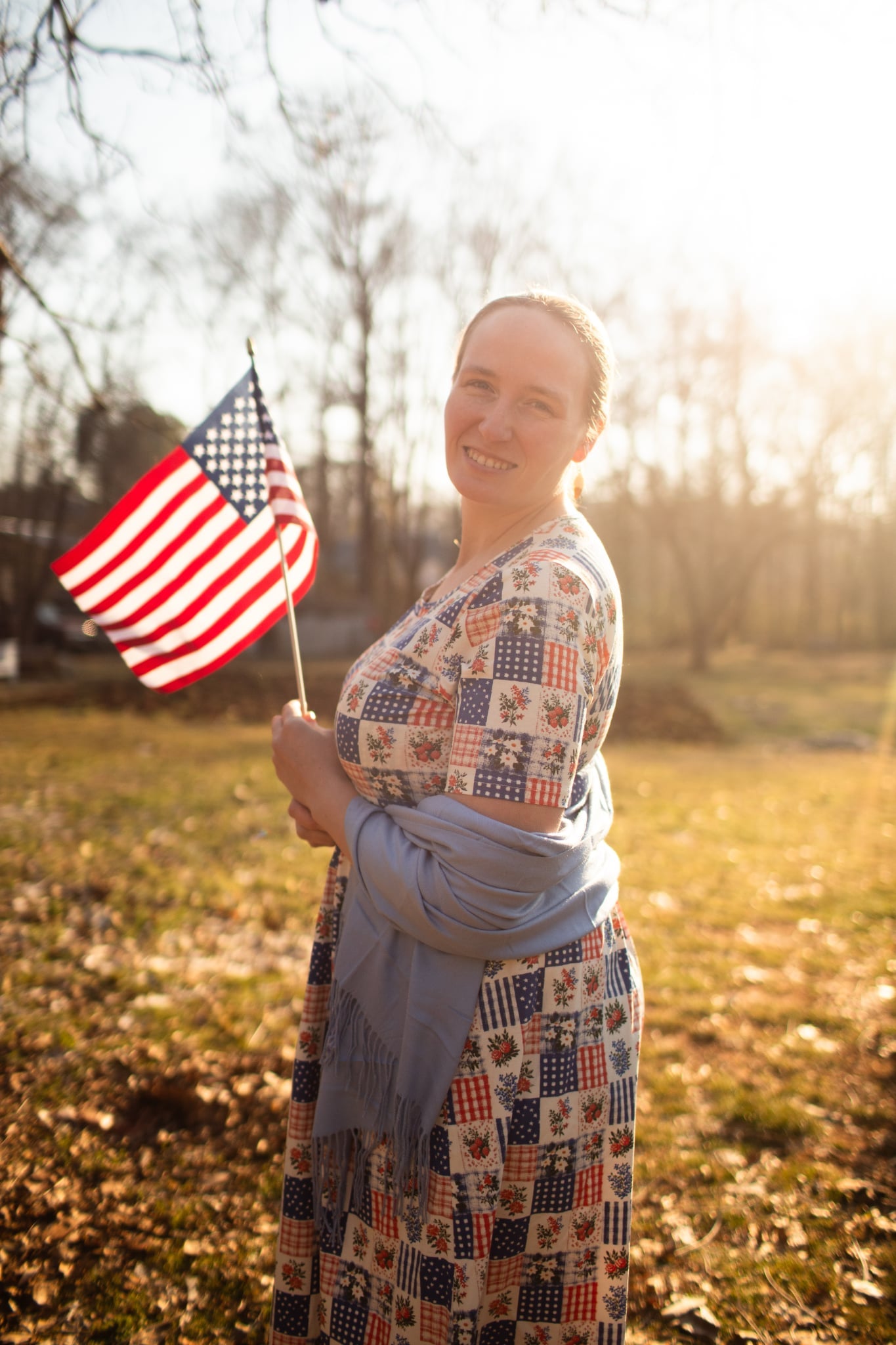 Patriotic Patchwork Prairie Style Nursing-Friendly Cotton Midi Dress with Natural Waist Bodice Nursing Friendly