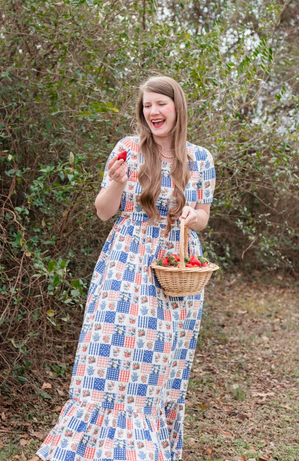 Patriotic Patchwork Prairie Style Cotton Maxi Dress with Natural Waist Bodice Nursing Friendly