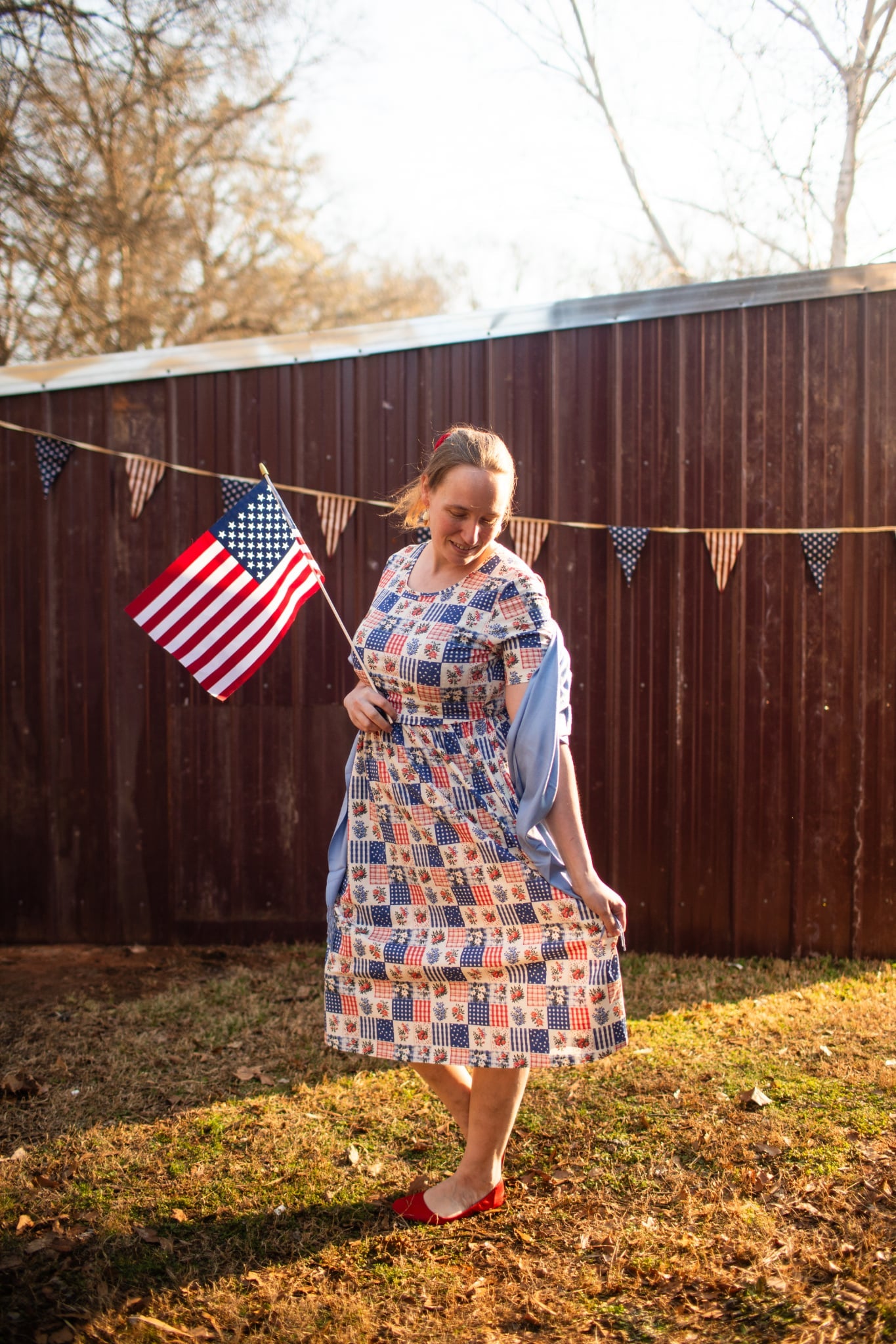 Patriotic Patchwork Prairie Style Nursing-Friendly Cotton Midi Dress with Natural Waist Bodice Nursing Friendly
