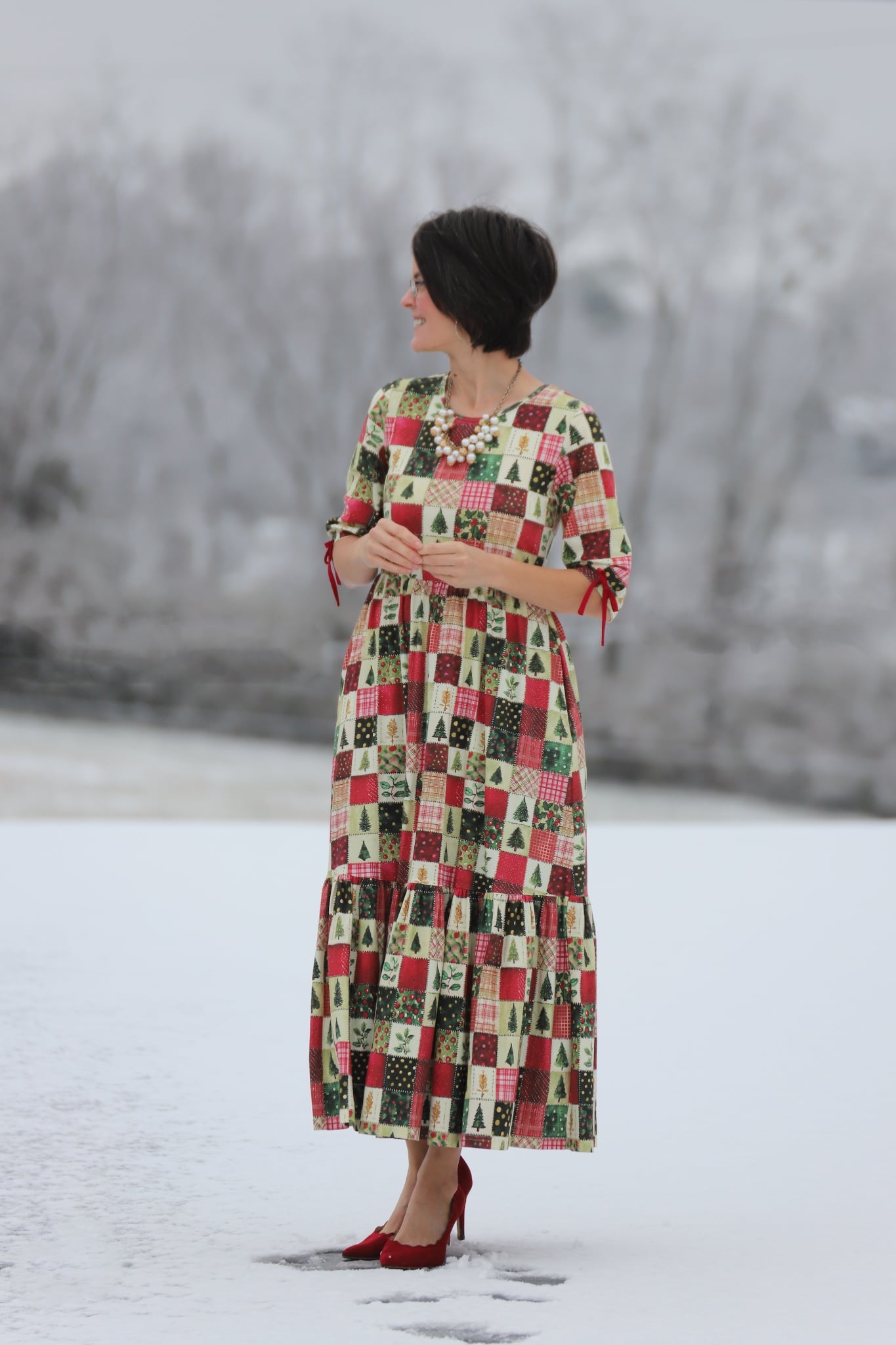 Holiday Patchwork Cotton Tiered Midi Dress