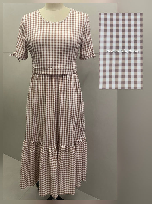 Pre-Order Brown Gingham Tiered Midi Dress